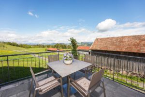 Ferienwohnung Terrasse mit Blick in die Weite und Bergen im Hintergrund