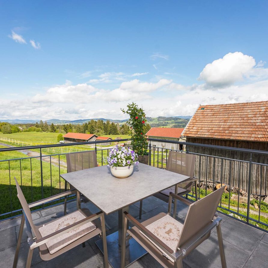 Ferienwohnung Terrasse mit Blick in die Weite und Bergen im Hintergrund